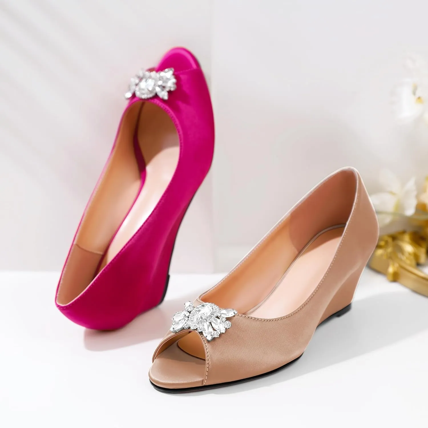 Joseywade Peep Toe Wedges Heels Pumps Low Wedge Heels 2 Inch Rhinstone Womens Slip On Pumps
