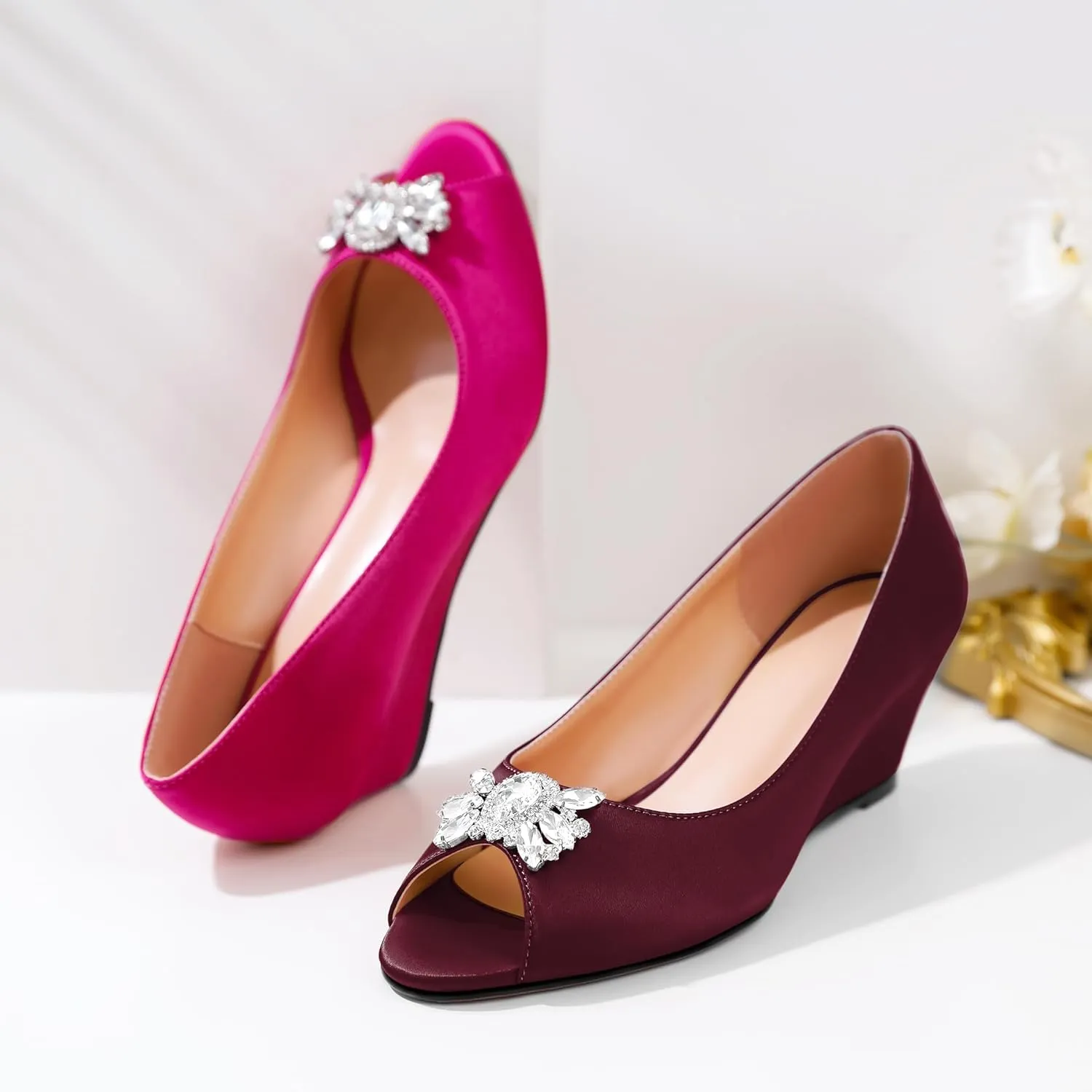 Joseywade Peep Toe Wedges Heels Pumps Low Wedge Heels 2 Inch Rhinstone Womens Slip On Pumps