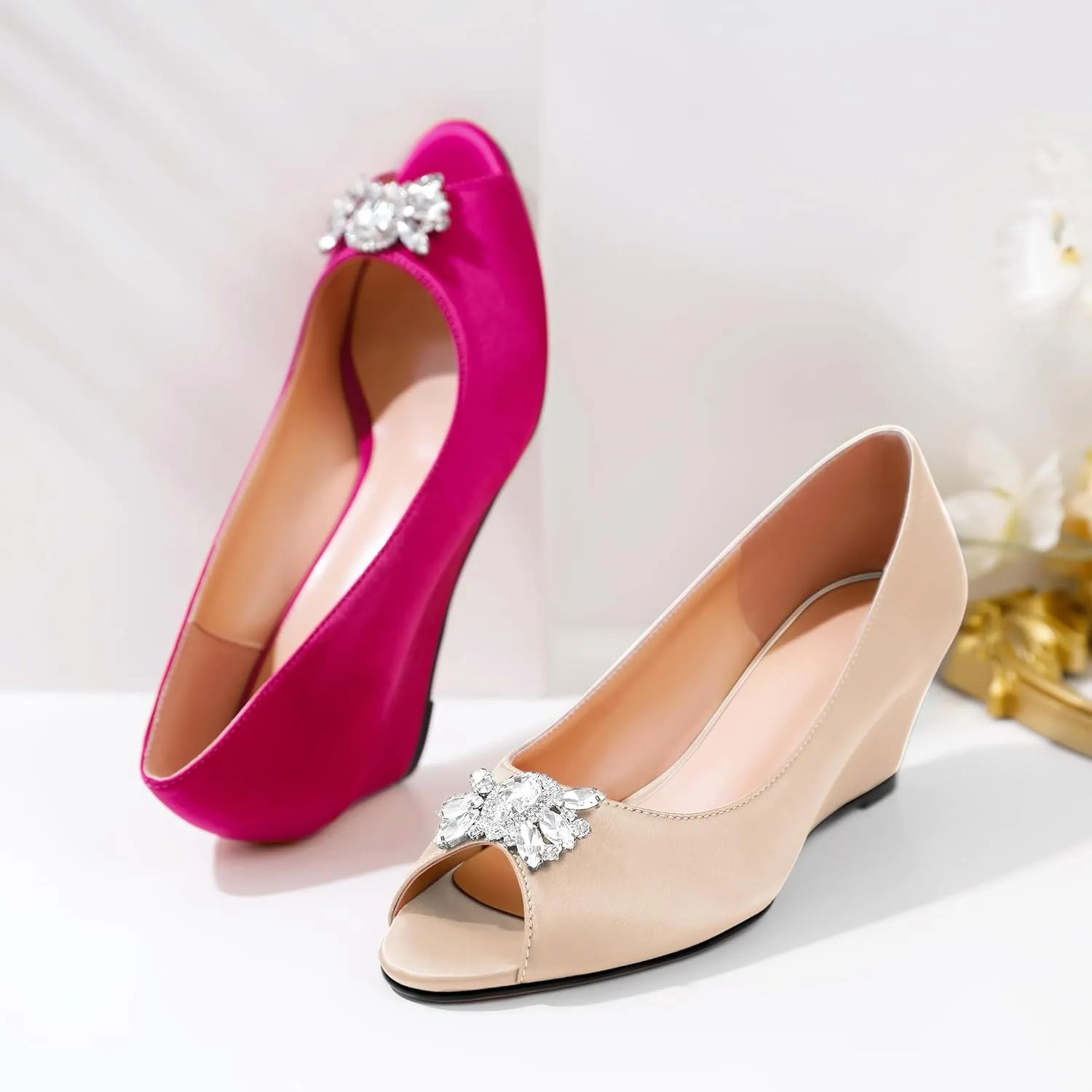 Joseywade Peep Toe Wedges Heels Pumps Low Wedge Heels 2 Inch Rhinstone Womens Slip On Pumps