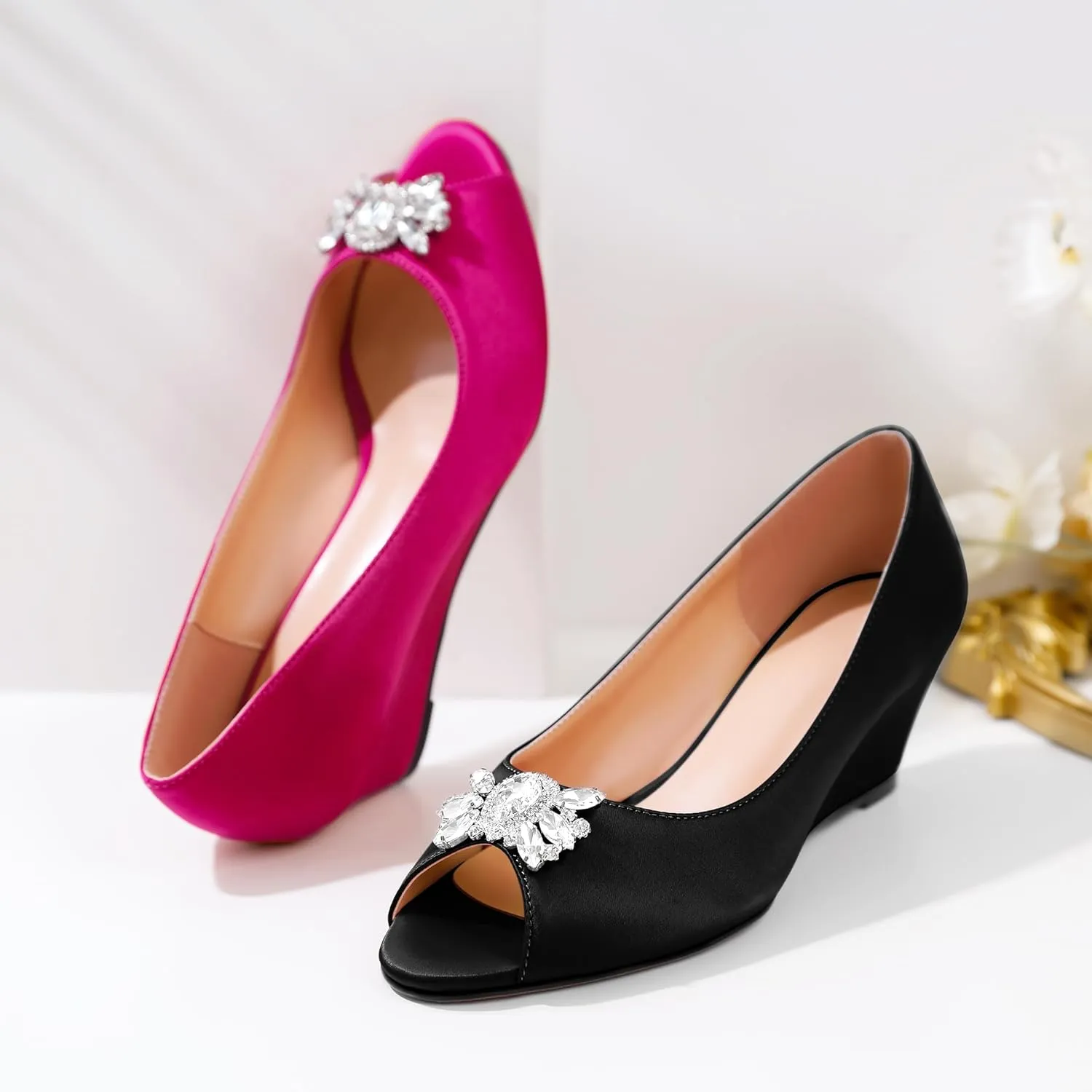 Joseywade Peep Toe Wedges Heels Pumps Low Wedge Heels 2 Inch Rhinstone Womens Slip On Pumps