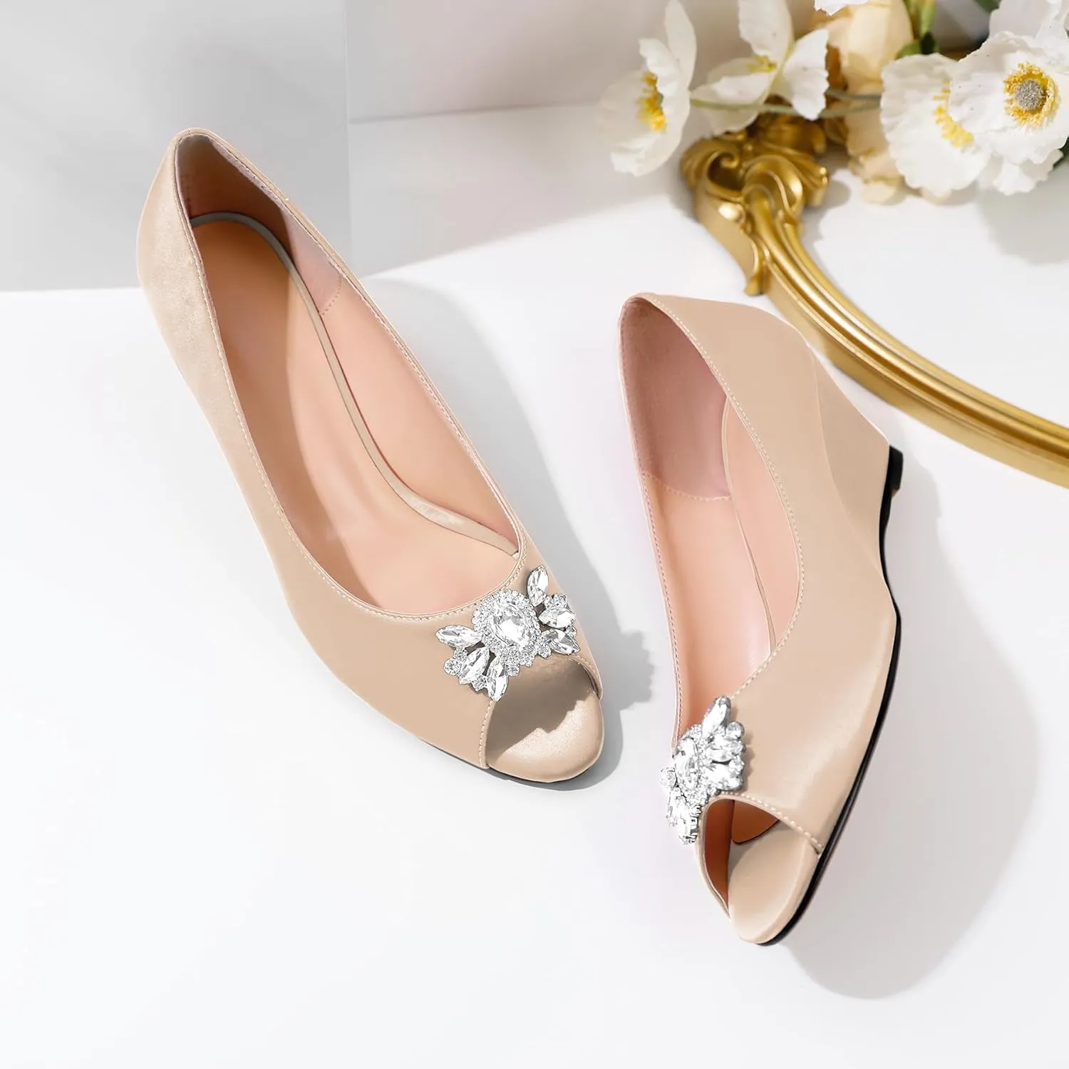 Joseywade Peep Toe Wedges Heels Pumps Low Wedge Heels 2 Inch Rhinstone Womens Slip On Pumps