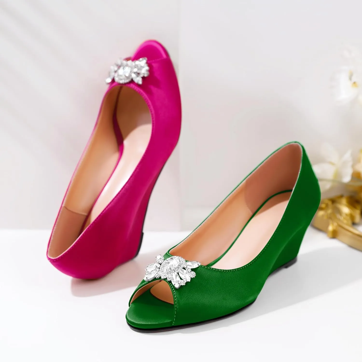 Joseywade Peep Toe Wedges Heels Pumps Low Wedge Heels 2 Inch Rhinstone Womens Slip On Pumps