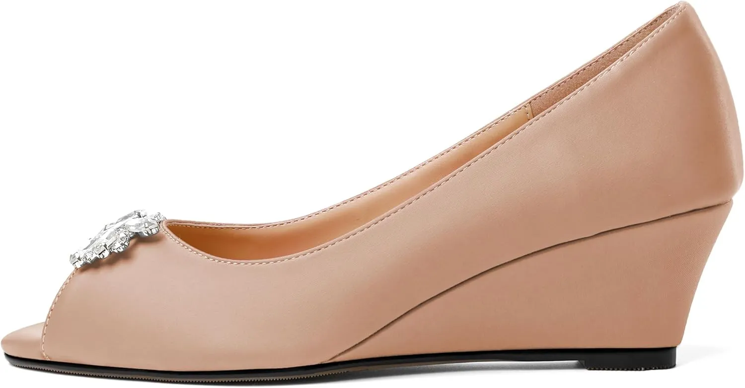Joseywade Peep Toe Wedges Heels Pumps Low Wedge Heels 2 Inch Rhinstone Womens Slip On Pumps