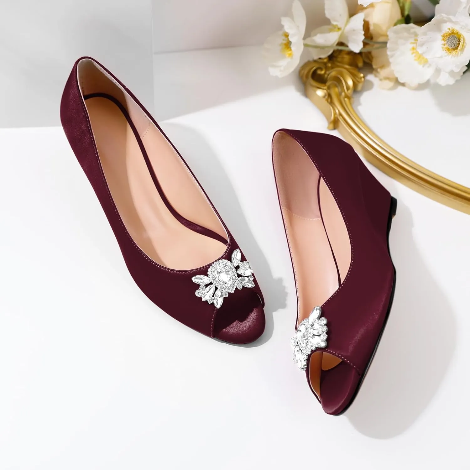 Joseywade Peep Toe Wedges Heels Pumps Low Wedge Heels 2 Inch Rhinstone Womens Slip On Pumps