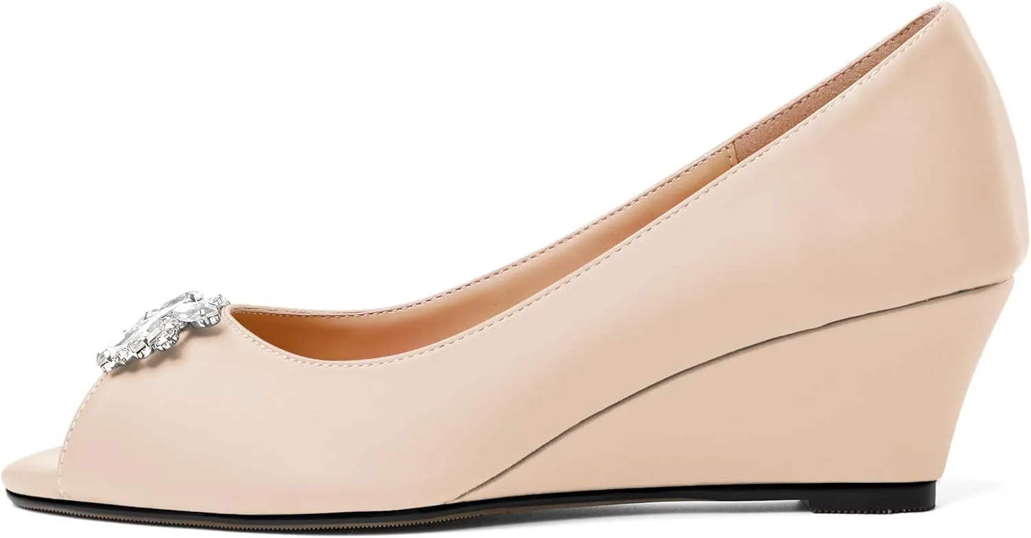 Joseywade Peep Toe Wedges Heels Pumps Low Wedge Heels 2 Inch Rhinstone Womens Slip On Pumps