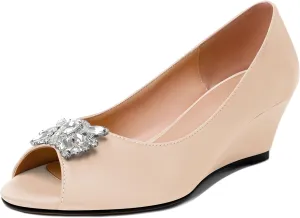 Joseywade Peep Toe Wedges Heels Pumps Low Wedge Heels 2 Inch Rhinstone Womens Slip On Pumps
