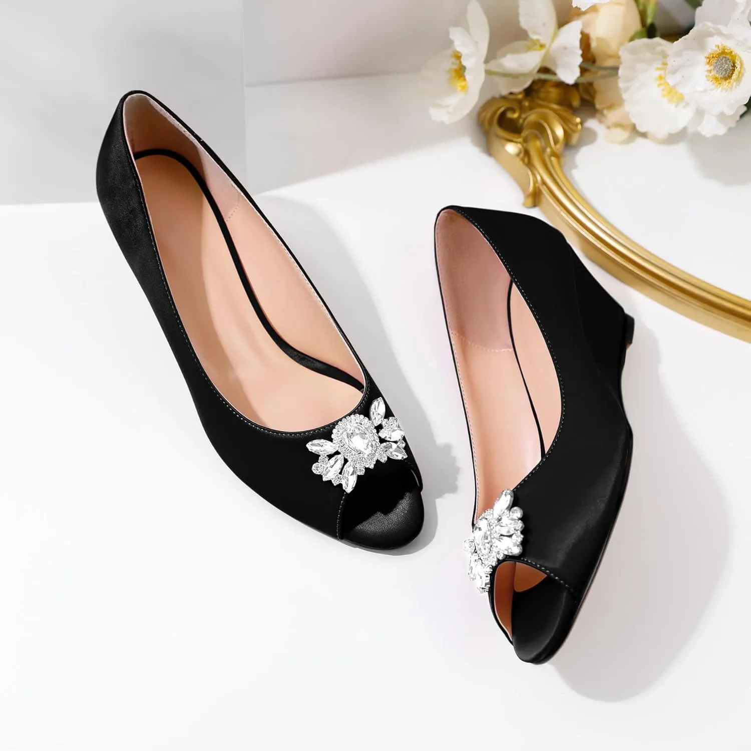 Joseywade Peep Toe Wedges Heels Pumps Low Wedge Heels 2 Inch Rhinstone Womens Slip On Pumps