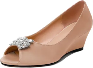 Joseywade Peep Toe Wedges Heels Pumps Low Wedge Heels 2 Inch Rhinstone Womens Slip On Pumps