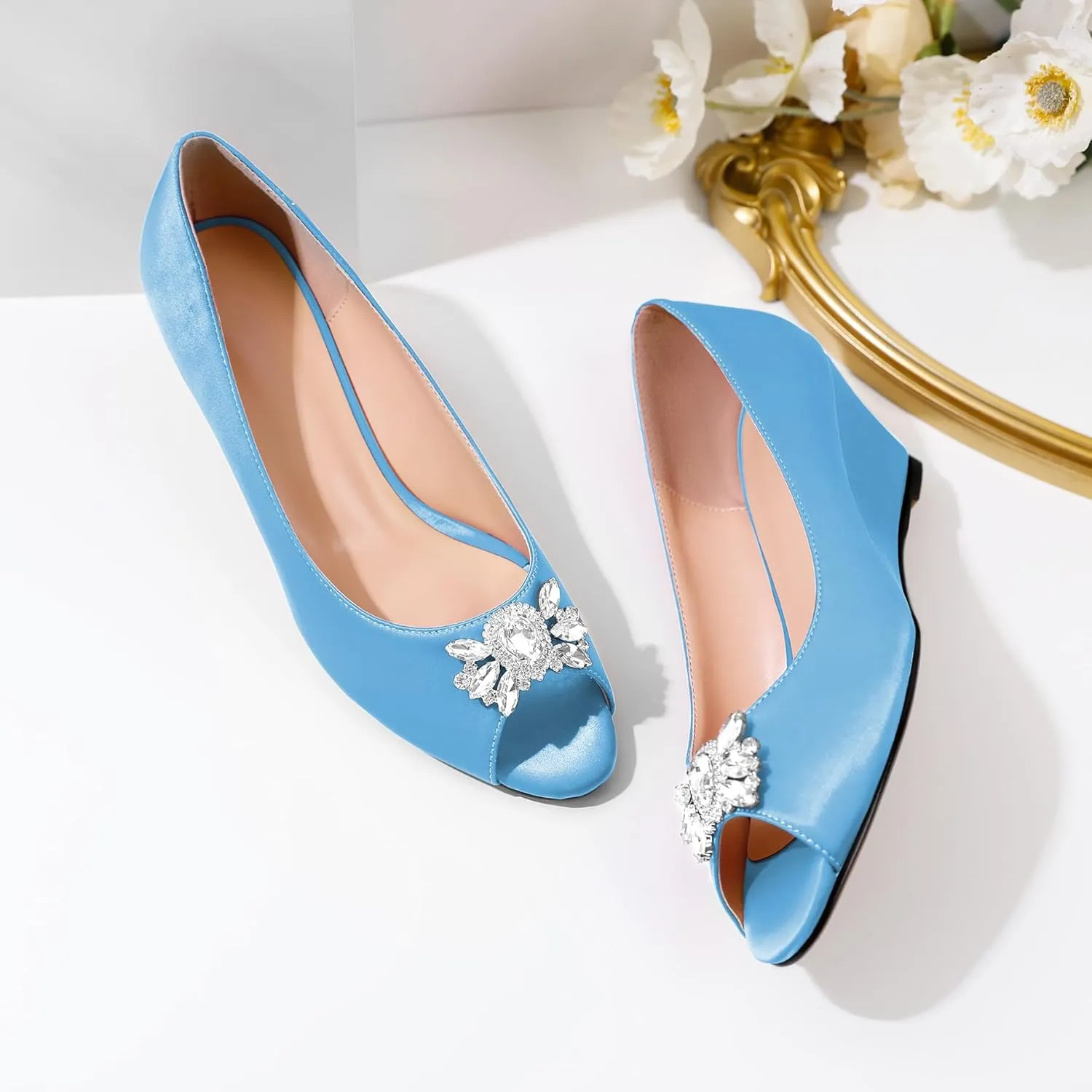 Joseywade Peep Toe Wedges Heels Pumps Low Wedge Heels 2 Inch Rhinstone Womens Slip On Pumps