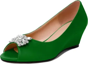 Joseywade Peep Toe Wedges Heels Pumps Low Wedge Heels 2 Inch Rhinstone Womens Slip On Pumps