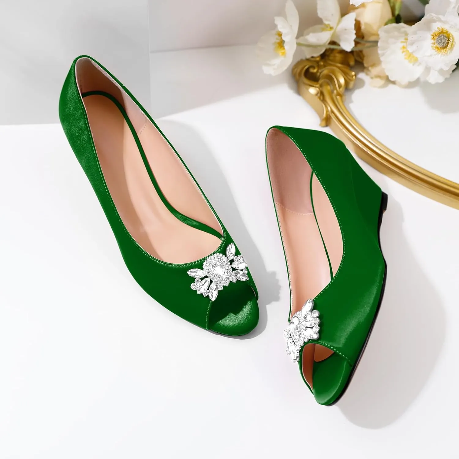 Joseywade Peep Toe Wedges Heels Pumps Low Wedge Heels 2 Inch Rhinstone Womens Slip On Pumps