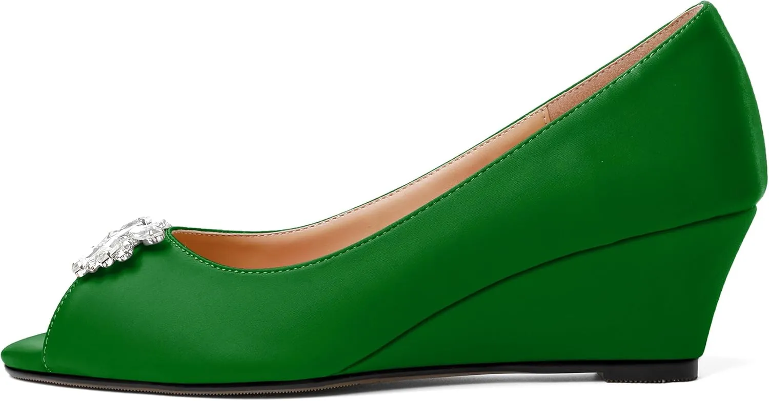 Joseywade Peep Toe Wedges Heels Pumps Low Wedge Heels 2 Inch Rhinstone Womens Slip On Pumps