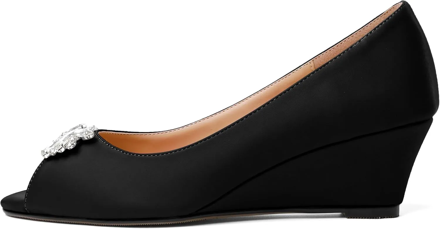 Joseywade Peep Toe Wedges Heels Pumps Low Wedge Heels 2 Inch Rhinstone Womens Slip On Pumps