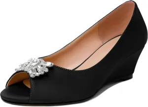 Joseywade Peep Toe Wedges Heels Pumps Low Wedge Heels 2 Inch Rhinstone Womens Slip On Pumps