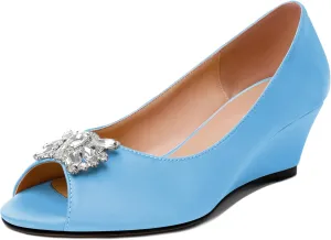 Joseywade Peep Toe Wedges Heels Pumps Low Wedge Heels 2 Inch Rhinstone Womens Slip On Pumps