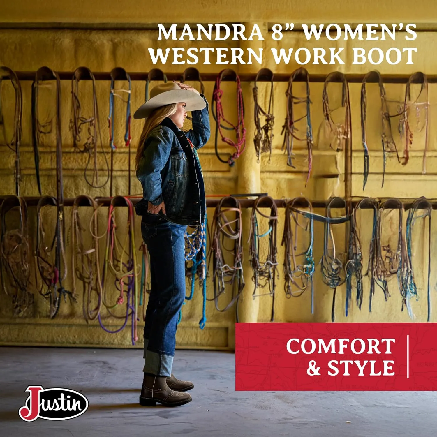 Justin Mandra 8 Western Boots for Women - Durable Cowhide Leather Square Toe Cowgirl Boots with Vivid Stitching, J-Flex Comfort & Non-Slip Outsoles
