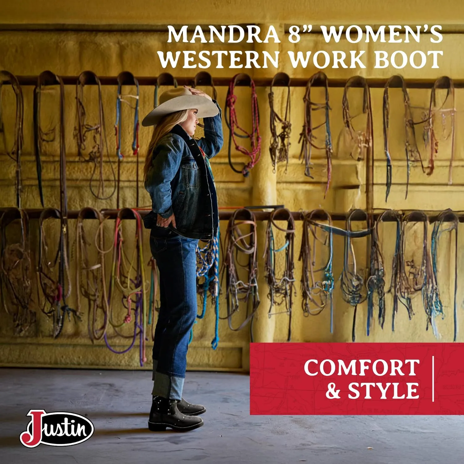 Justin Mandra 8 Western Boots for Women - Durable Cowhide Leather Square Toe Cowgirl Boots with Vivid Stitching, J-Flex Comfort & Non-Slip Outsoles