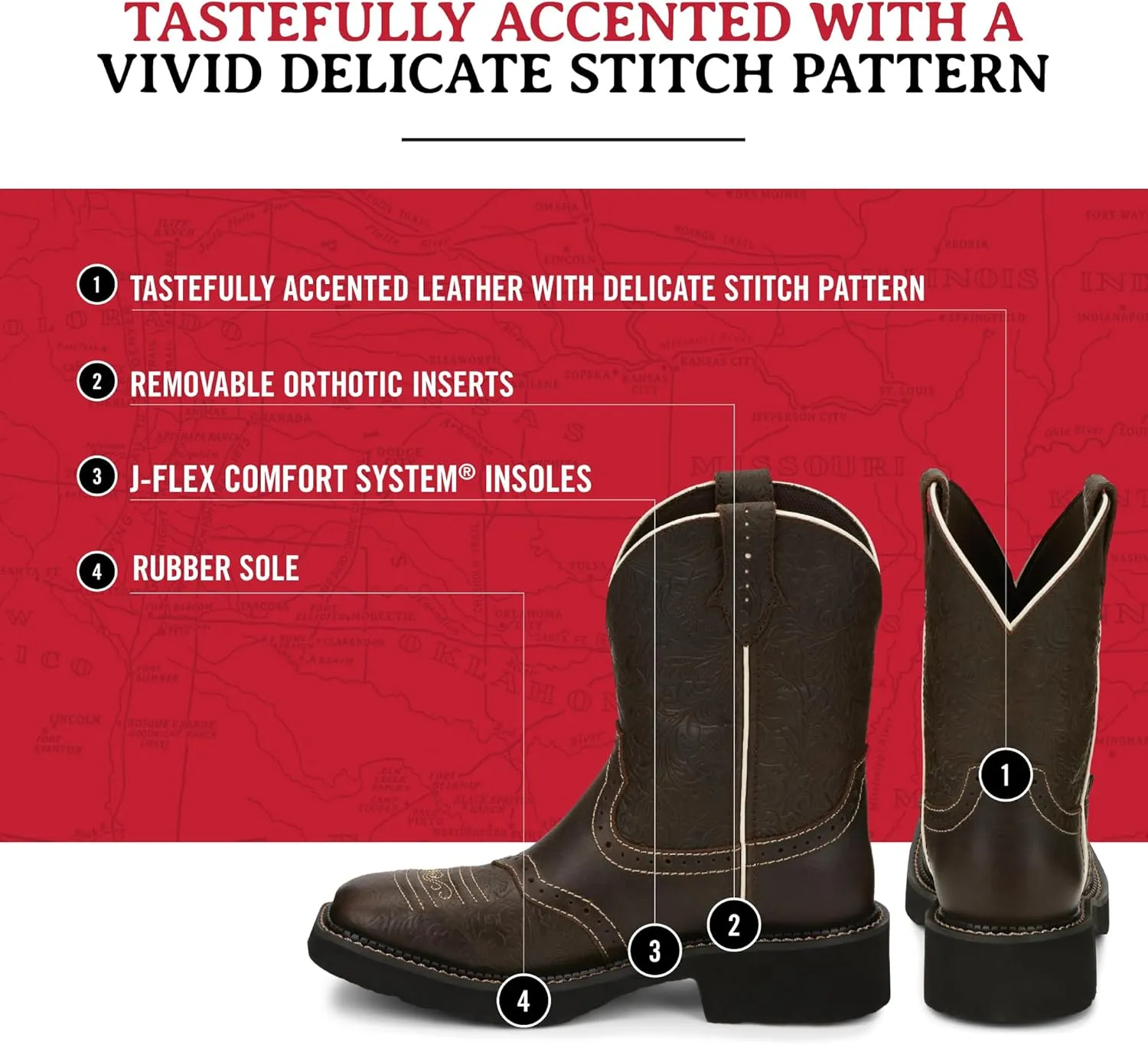 Justin Mandra 8 Western Boots for Women - Durable Cowhide Leather Square Toe Cowgirl Boots with Vivid Stitching, J-Flex Comfort & Non-Slip Outsoles