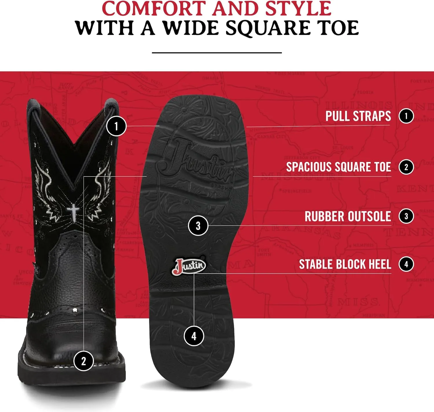 Justin Mandra 8 Western Boots for Women - Durable Cowhide Leather Square Toe Cowgirl Boots with Vivid Stitching, J-Flex Comfort & Non-Slip Outsoles