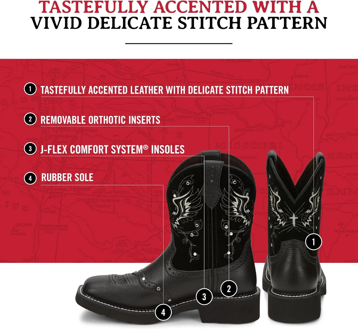 Justin Mandra 8 Western Boots for Women - Durable Cowhide Leather Square Toe Cowgirl Boots with Vivid Stitching, J-Flex Comfort & Non-Slip Outsoles