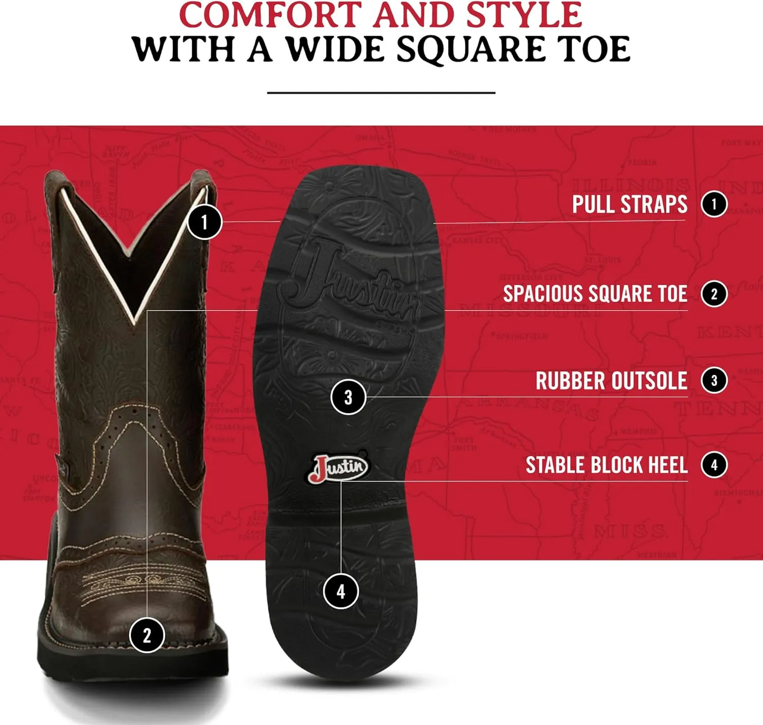 Justin Mandra 8 Western Boots for Women - Durable Cowhide Leather Square Toe Cowgirl Boots with Vivid Stitching, J-Flex Comfort & Non-Slip Outsoles