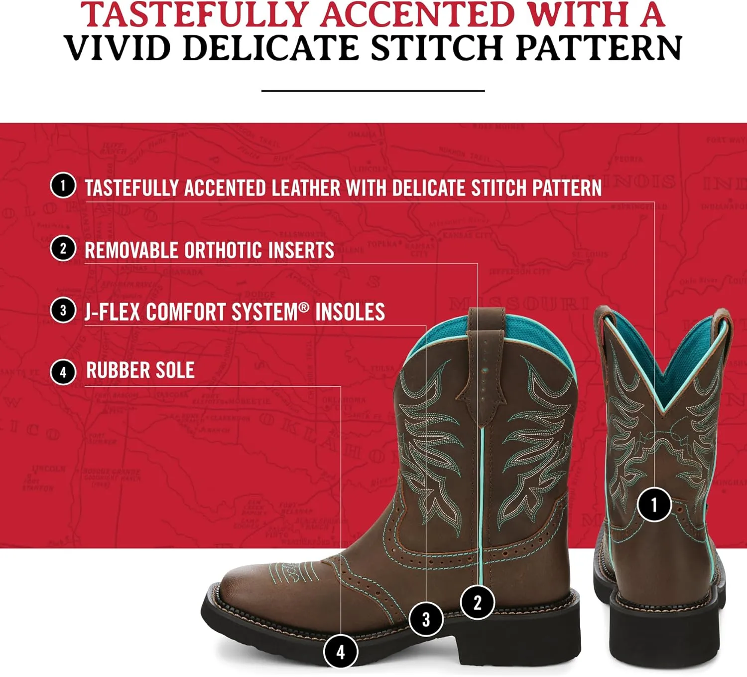 Justin Mandra 8 Western Boots for Women - Durable Cowhide Leather Square Toe Cowgirl Boots with Vivid Stitching, J-Flex Comfort & Non-Slip Outsoles