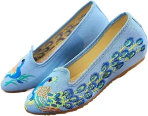 JYHBHMZG Pointed Toe Peacock Embroider Flats Women Casual Slip On Walking Canvas Shoes Handmade Breathable Ballet Flats
