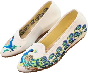 JYHBHMZG Pointed Toe Peacock Embroider Flats Women Casual Slip On Walking Canvas Shoes Handmade Breathable Ballet Flats
