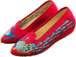 JYHBHMZG Pointed Toe Peacock Embroider Flats Women Casual Slip On Walking Canvas Shoes Handmade Breathable Ballet Flats