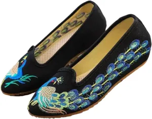 JYHBHMZG Pointed Toe Peacock Embroider Flats Women Casual Slip On Walking Canvas Shoes Handmade Breathable Ballet Flats