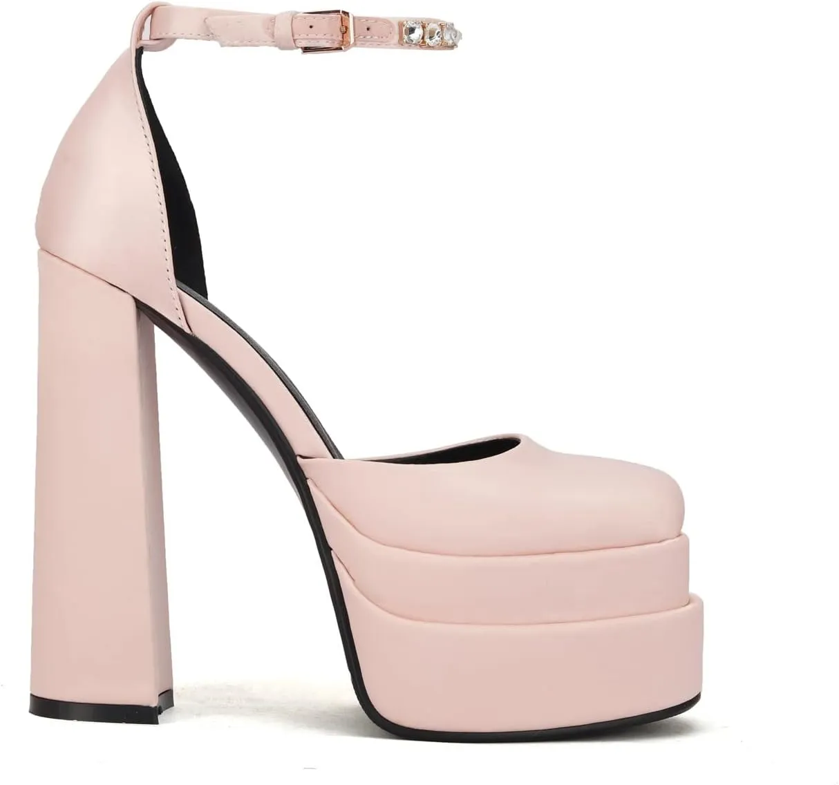 keleimusi Platform Chunky Pumps Ankle Strap Round Square Toe High Block Heels Patent Leather