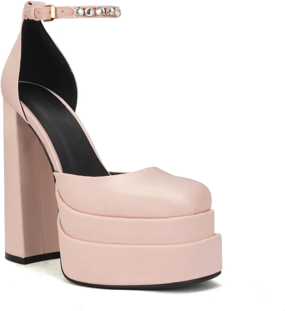keleimusi Platform Chunky Pumps Ankle Strap Round Square Toe High Block Heels Patent Leather
