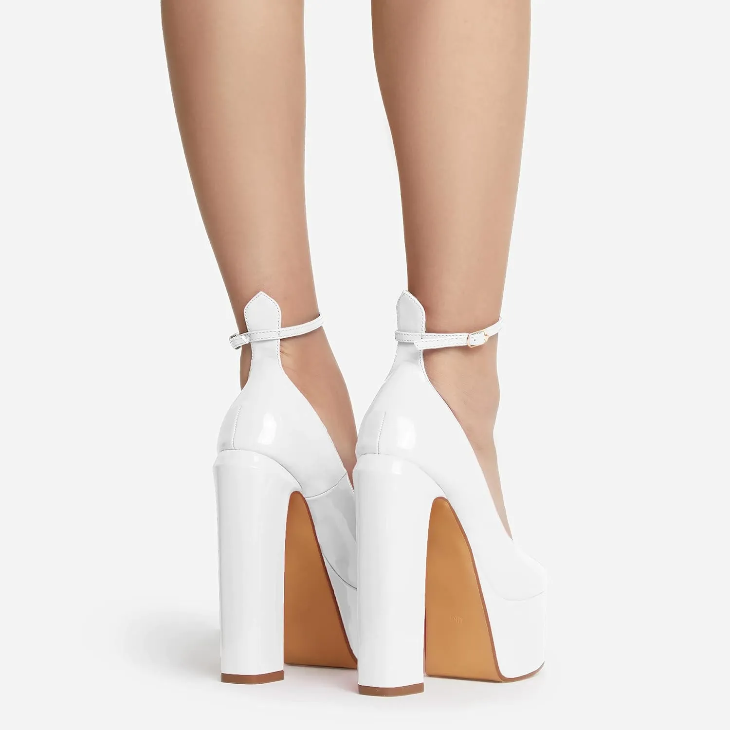 keleimusi Platform Chunky Pumps Ankle Strap Round Square Toe High Block Heels Patent Leather