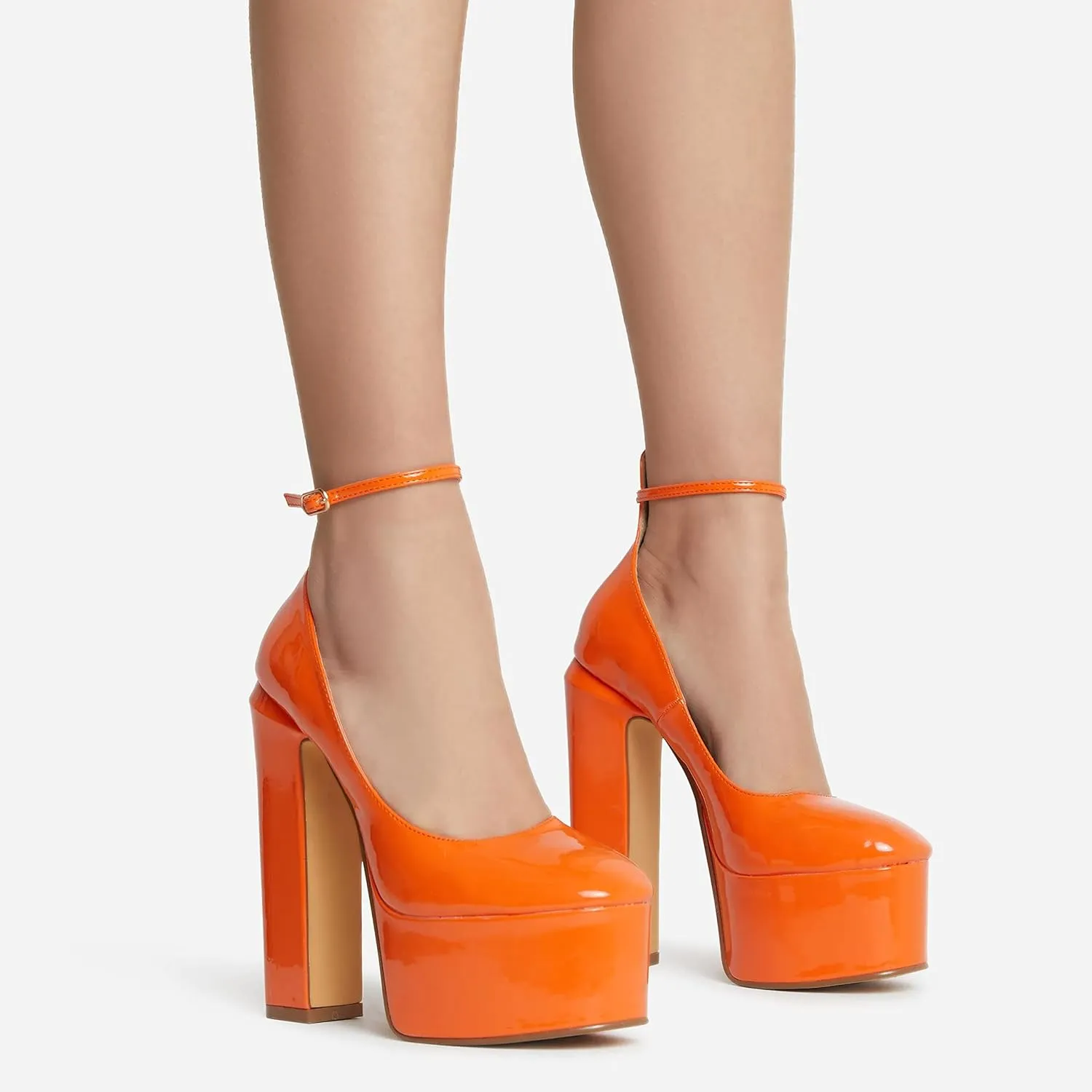keleimusi Platform Chunky Pumps Ankle Strap Round Square Toe High Block Heels Patent Leather
