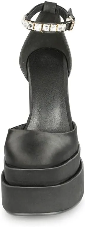 keleimusi Platform Chunky Pumps Ankle Strap Round Square Toe High Block Heels Patent Leather