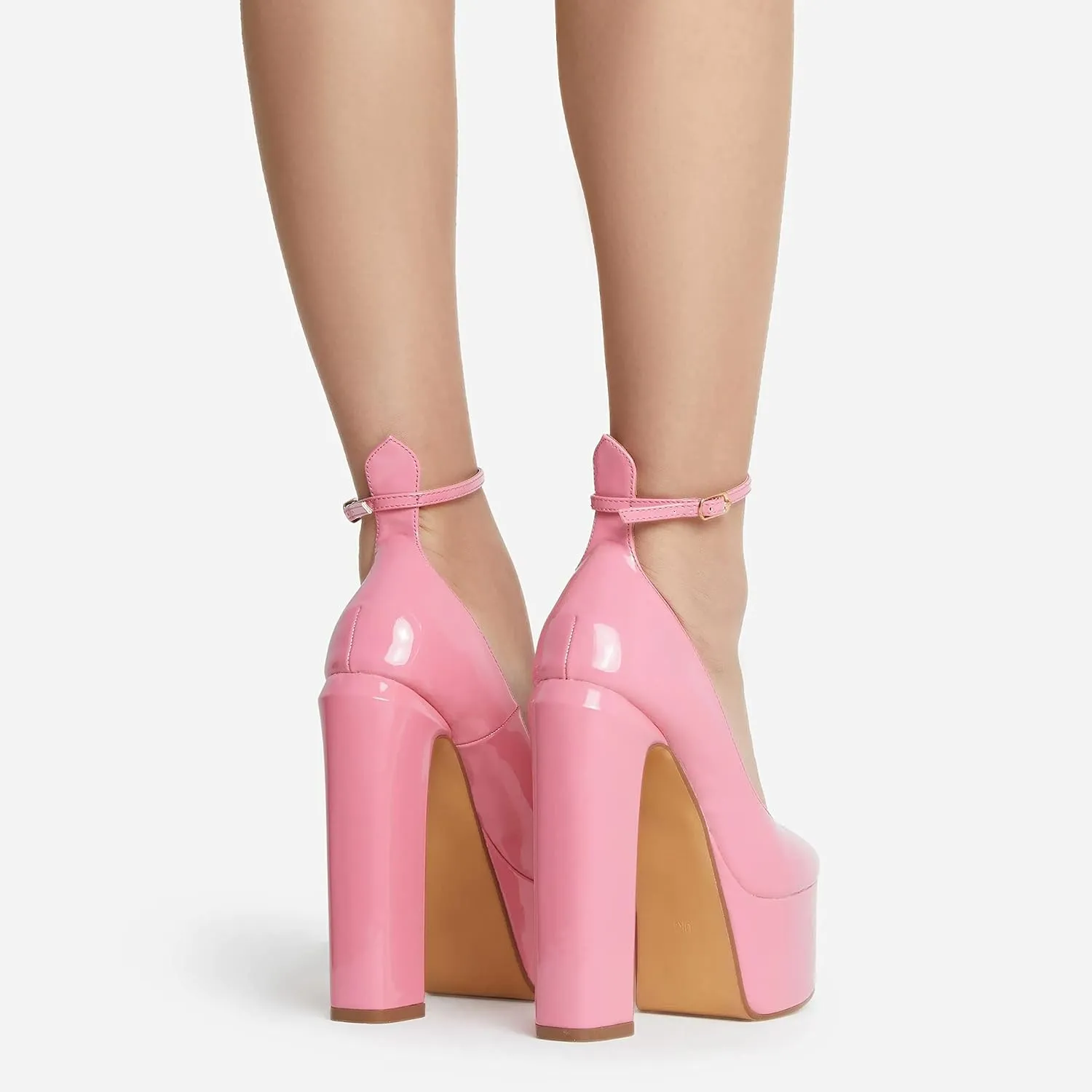 keleimusi Platform Chunky Pumps Ankle Strap Round Square Toe High Block Heels Patent Leather