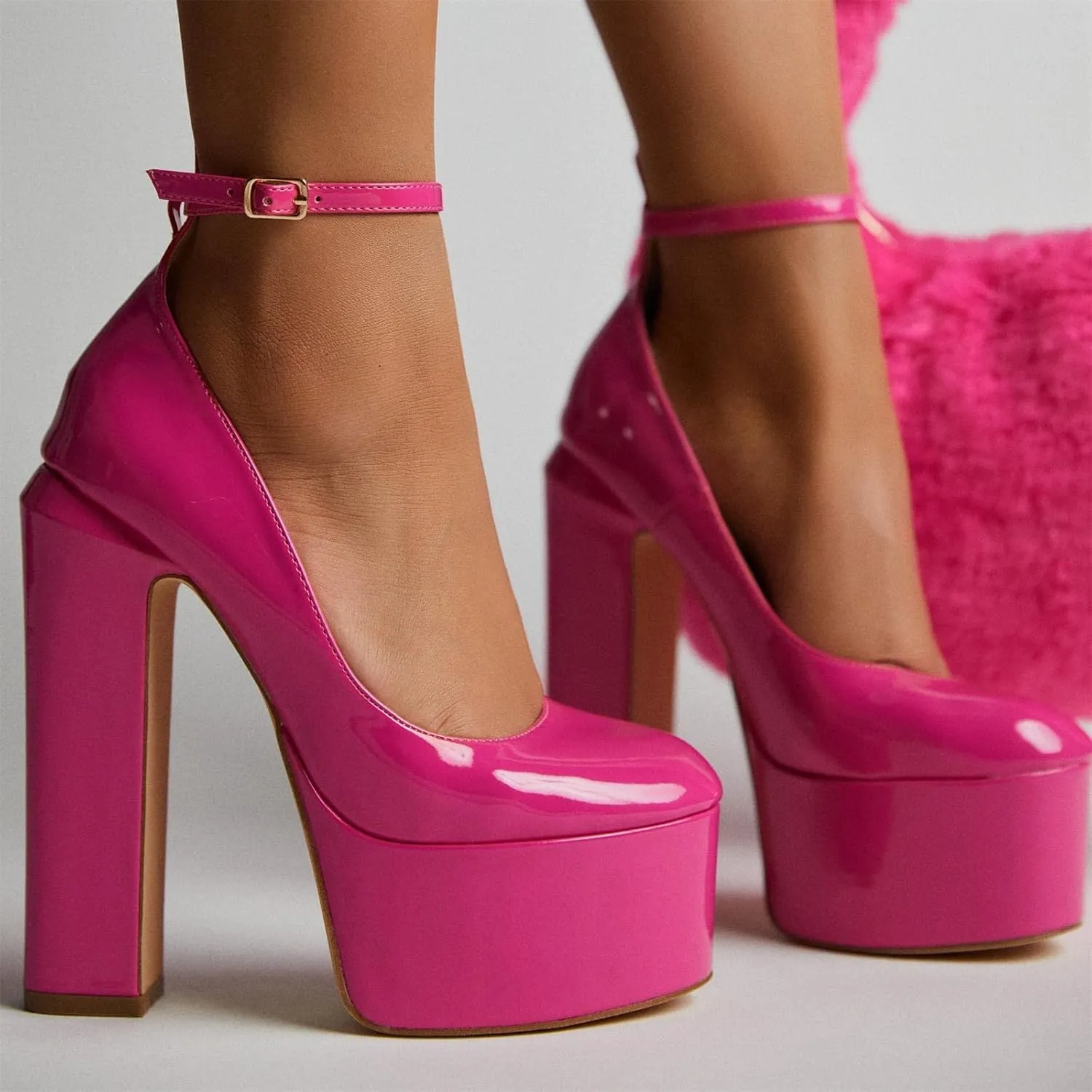 keleimusi Platform Chunky Pumps Ankle Strap Round Square Toe High Block Heels Patent Leather