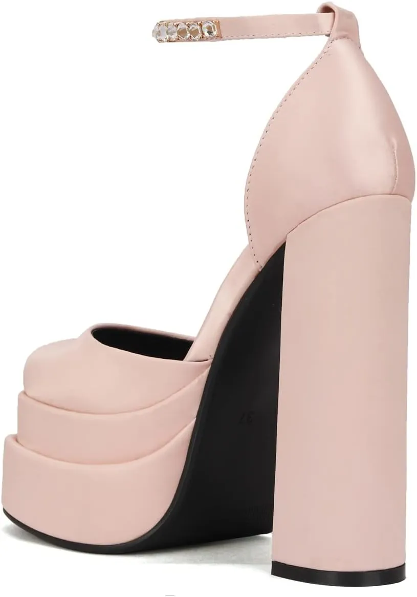 keleimusi Platform Chunky Pumps Ankle Strap Round Square Toe High Block Heels Patent Leather