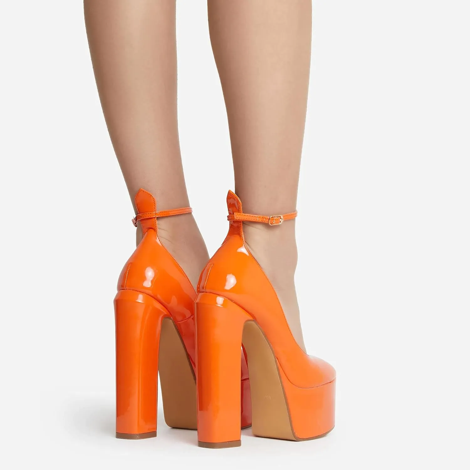 keleimusi Platform Chunky Pumps Ankle Strap Round Square Toe High Block Heels Patent Leather