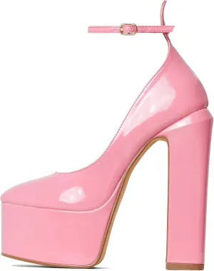 keleimusi Platform Chunky Pumps Ankle Strap Round Square Toe High Block Heels Patent Leather
