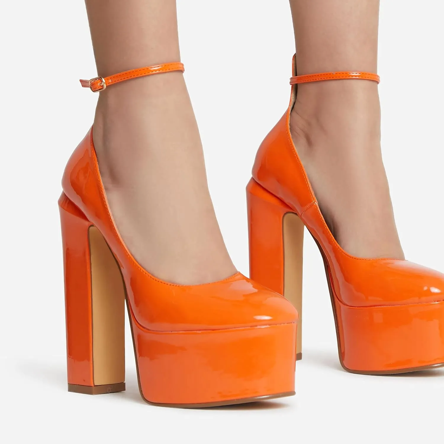 keleimusi Platform Chunky Pumps Ankle Strap Round Square Toe High Block Heels Patent Leather
