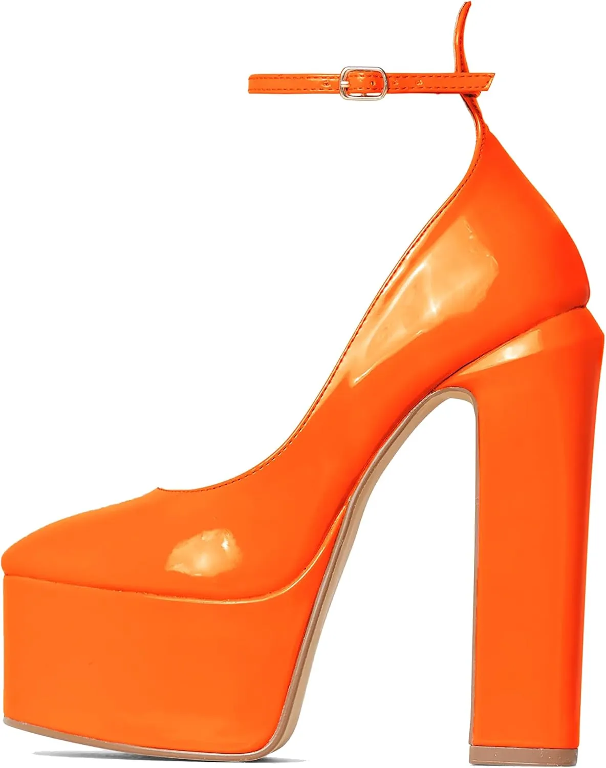 keleimusi Platform Chunky Pumps Ankle Strap Round Square Toe High Block Heels Patent Leather