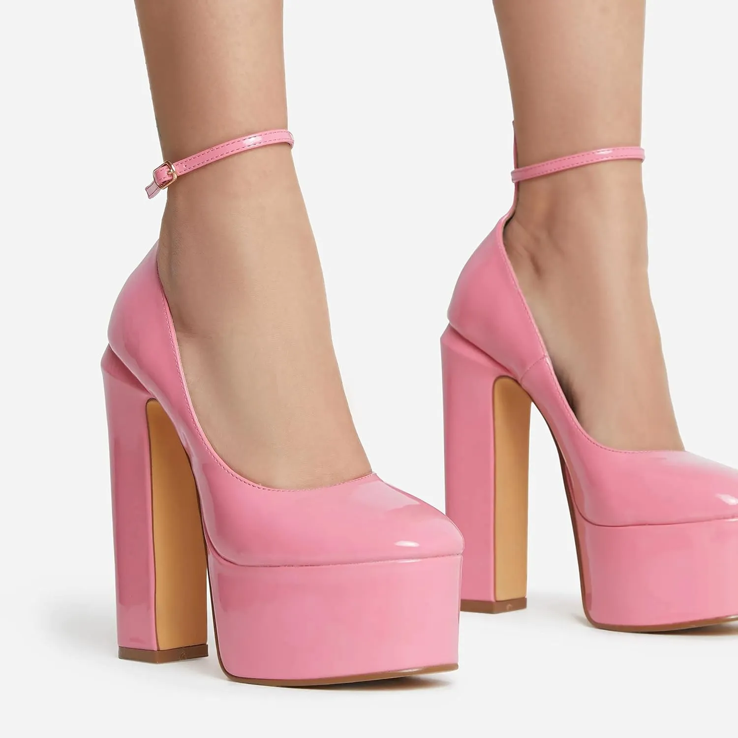 keleimusi Platform Chunky Pumps Ankle Strap Round Square Toe High Block Heels Patent Leather