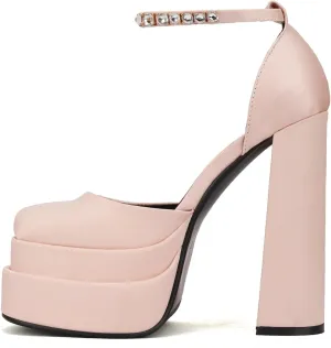 keleimusi Platform Chunky Pumps Ankle Strap Round Square Toe High Block Heels Patent Leather