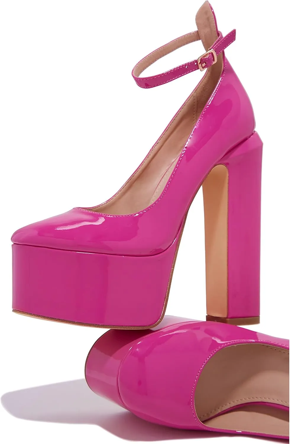 keleimusi Platform Chunky Pumps Ankle Strap Round Square Toe High Block Heels Patent Leather