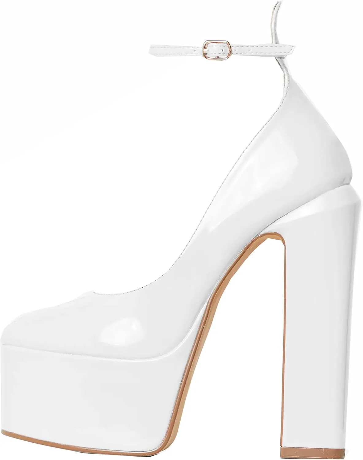 keleimusi Platform Chunky Pumps Ankle Strap Round Square Toe High Block Heels Patent Leather