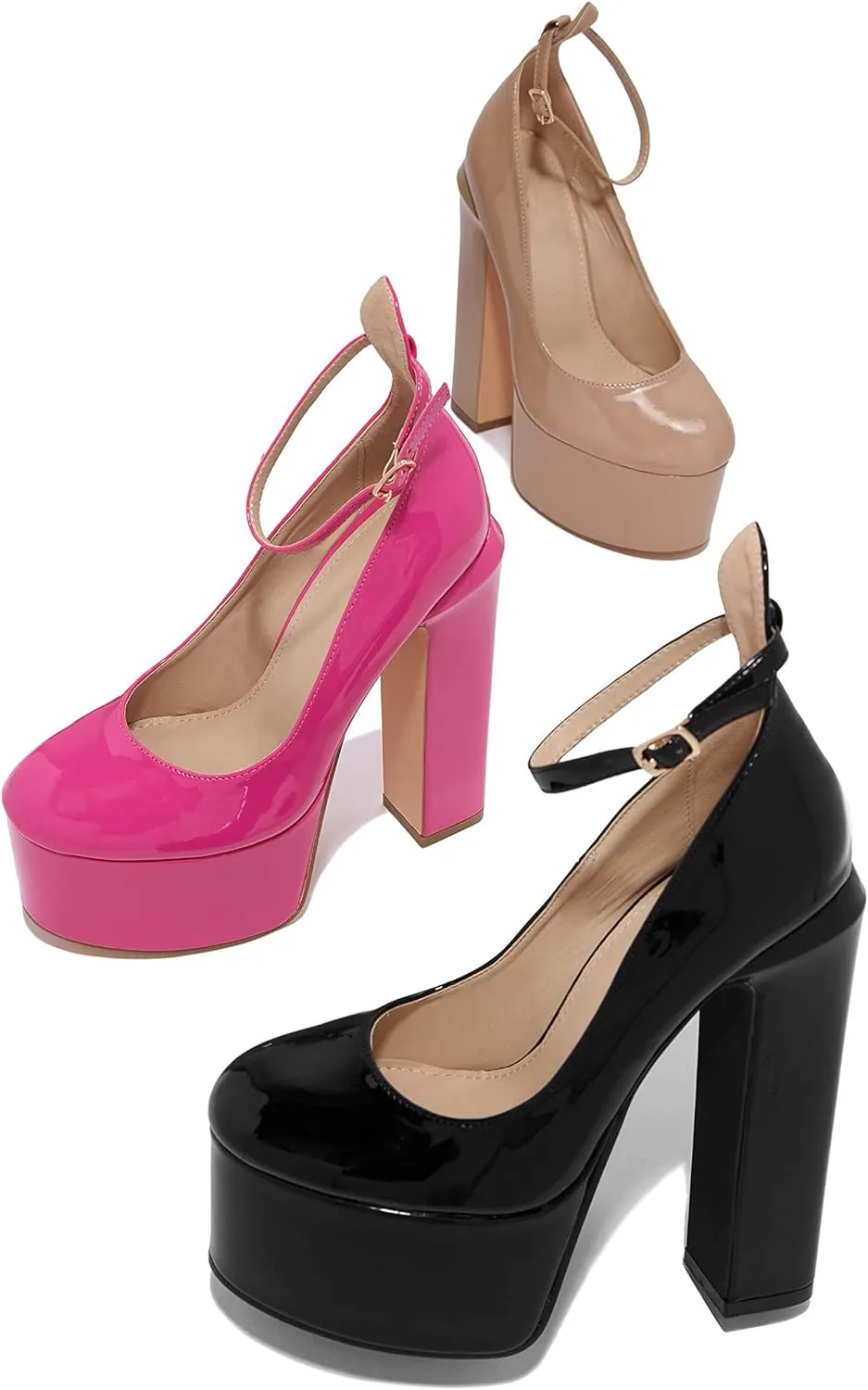 keleimusi Platform Chunky Pumps Ankle Strap Round Square Toe High Block Heels Patent Leather