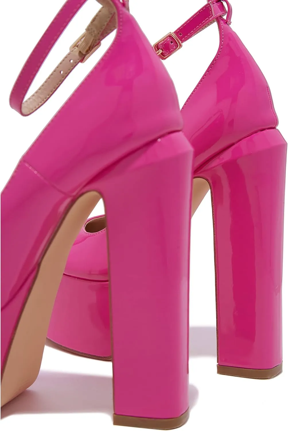keleimusi Platform Chunky Pumps Ankle Strap Round Square Toe High Block Heels Patent Leather
