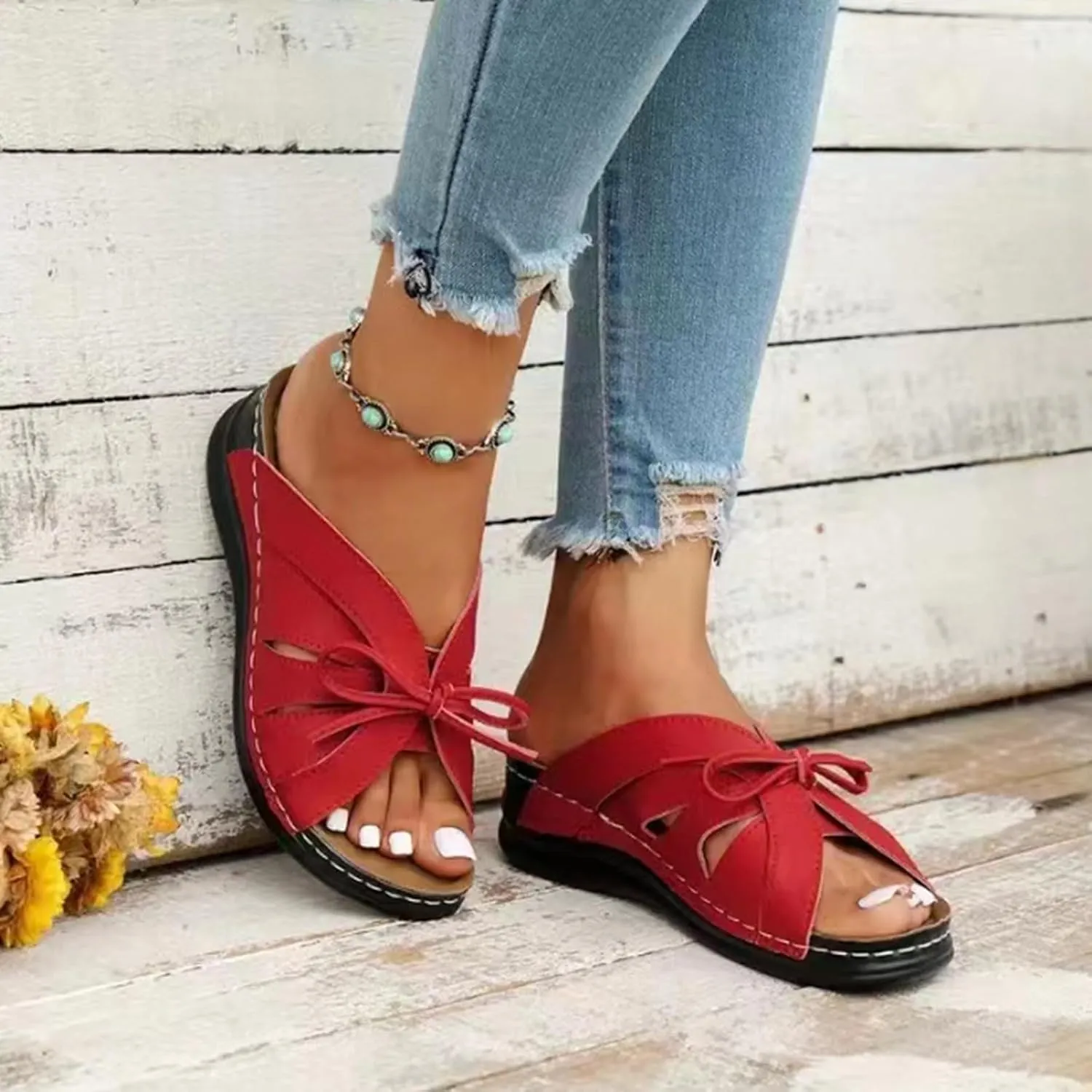 Ladies Fashion Retro Solid Color Leather Bow Tie Decorative Open Toe Thick Sole Sandals Women Nice Sandals