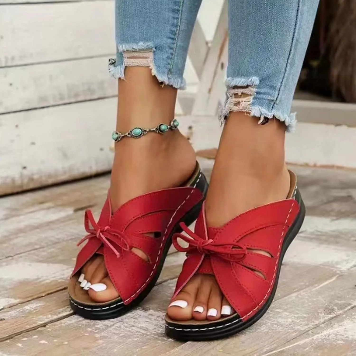 Ladies Fashion Retro Solid Color Leather Bow Tie Decorative Open Toe Thick Sole Sandals Women Nice Sandals